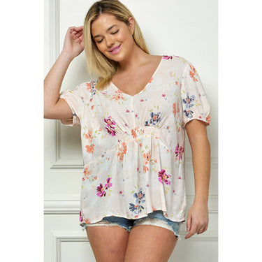 PLUS SIZE FLORAL PRINT SMOCKED TOP